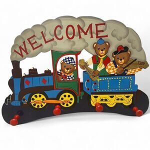 Vintage Bear Train Wooden Nursery Peg Hook Wall Decor Toddler Kids Retro